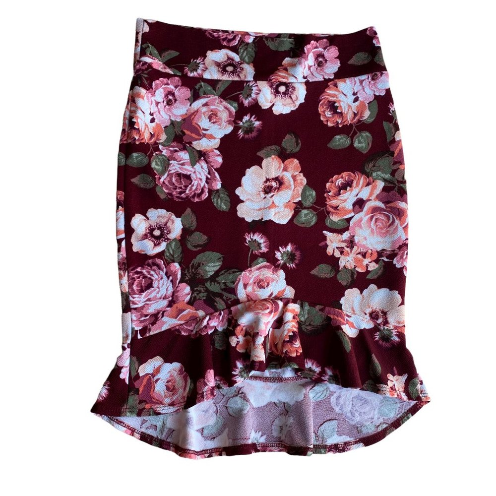 Top Fashion of NY Burgundy Floral HIgh-Low Hem Ruffle Mini Skirt Whimsigoth-M